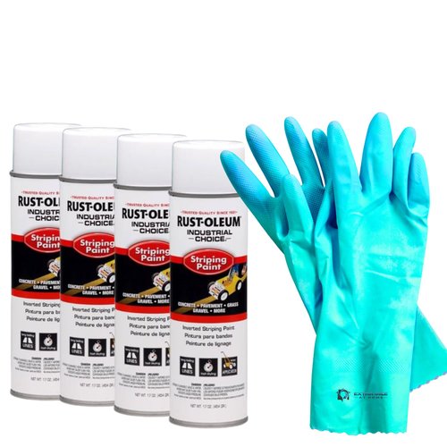 4 Pack Striping Paint Kit – White Inverted Spray with Safety Gloves – Fast-Drying Parking Lot Paint for Asphalt, Curbs, Pavement, Concrete – Works with Striping Machines