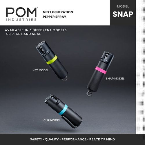 POM Pepper Spray Flip Top Snap Hook - Maximum Strength OC Spray Self Defense - Tactical Compact & Safe Design - Quick Key Release - 25 Bursts & 10 ft Range - (Group) (Black Pink, One Pack)
