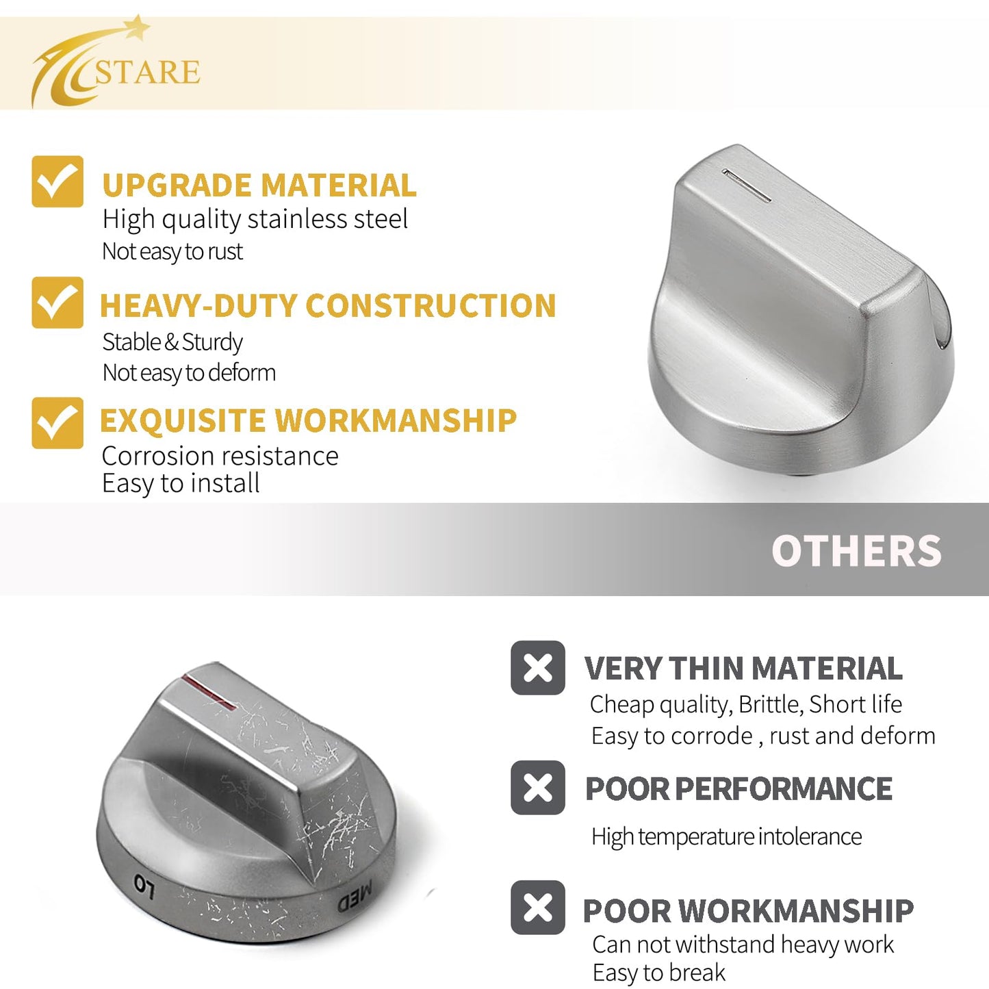 Allstare Stainless Steel W11366438 W11084623 Stove knobs Replacement Parts for Whirlpool Gas Range Stove Parts Burner Knobs WCG55US0HS00 WCG77US0HS00 Whirlpool Gas Cooktop Knobs 4 Pcs