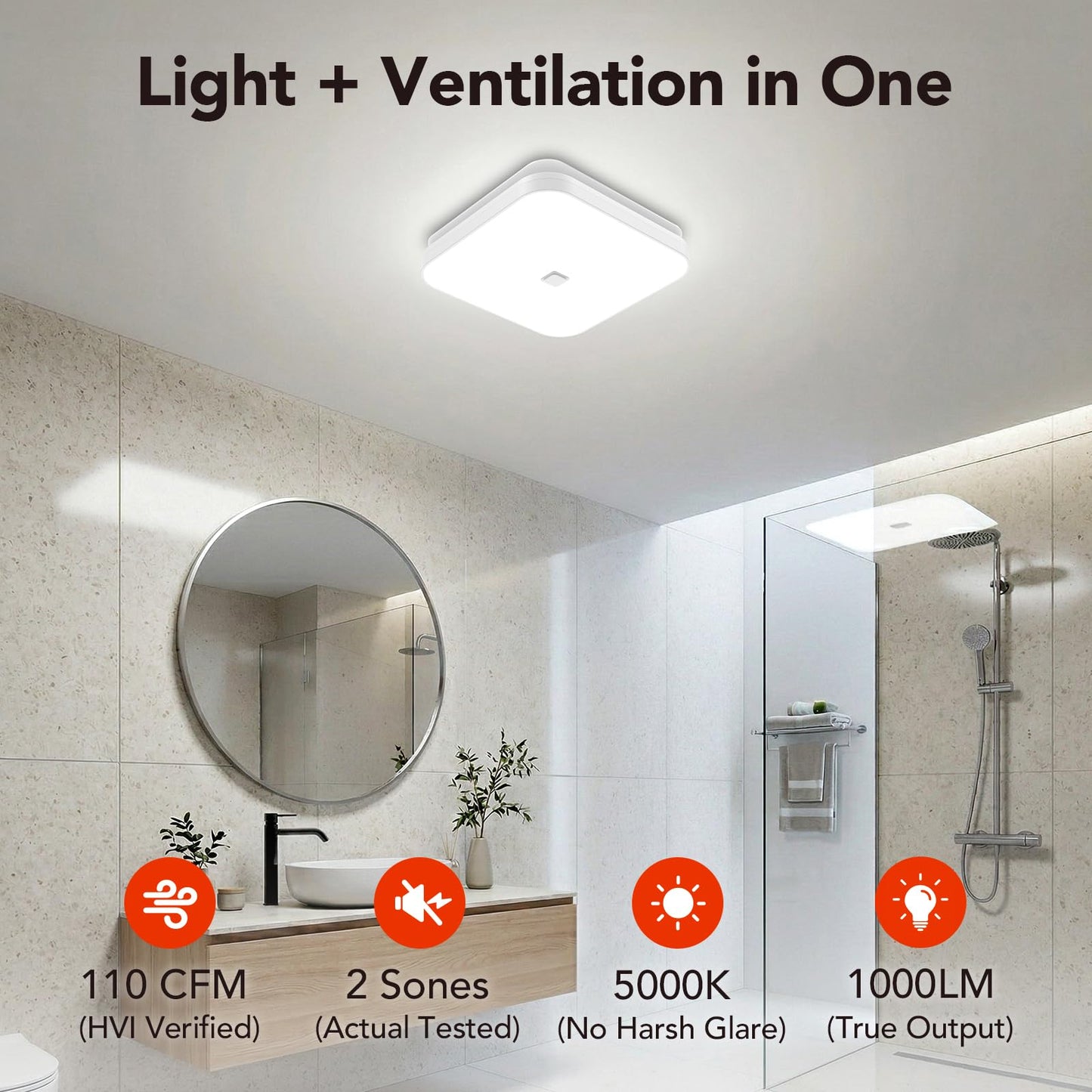 OREiN 2-in-1 Bathroom Exhaust Fan with Light, 110 CFM Shower Vent Fan, 1000LM Bright LED, 5000K, ENERGY STAR, HVI/FCC/ETL, Easy Retrofit Installation (Cut-Out 7.36" x 7.68")