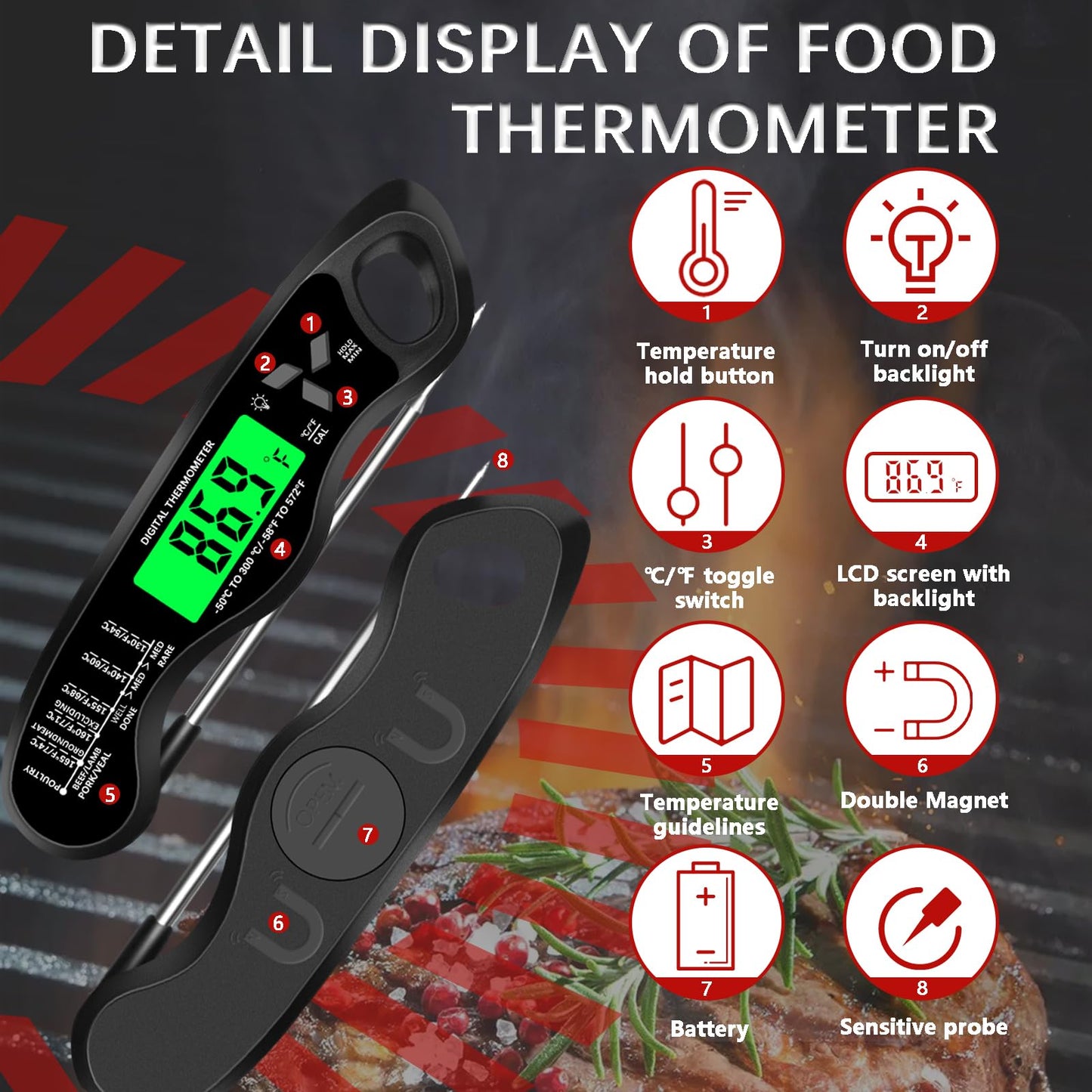 Meat Thermometer Digital，IP67 Waterproof Cooking Thermometer with Backlight, Calibration & Hold Function，Food Thermometer for Cooking,Outdoor Grilling
