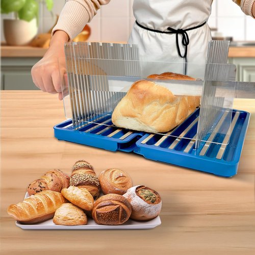 Bread Slicer for Homemade Bread, 304 Stainless Steel Bread Cutter, Adjustable Sourdough Slicer, Foldable Bread Slicing Guide for Loaf, Bagel, Sandwich, Cakes, Blue