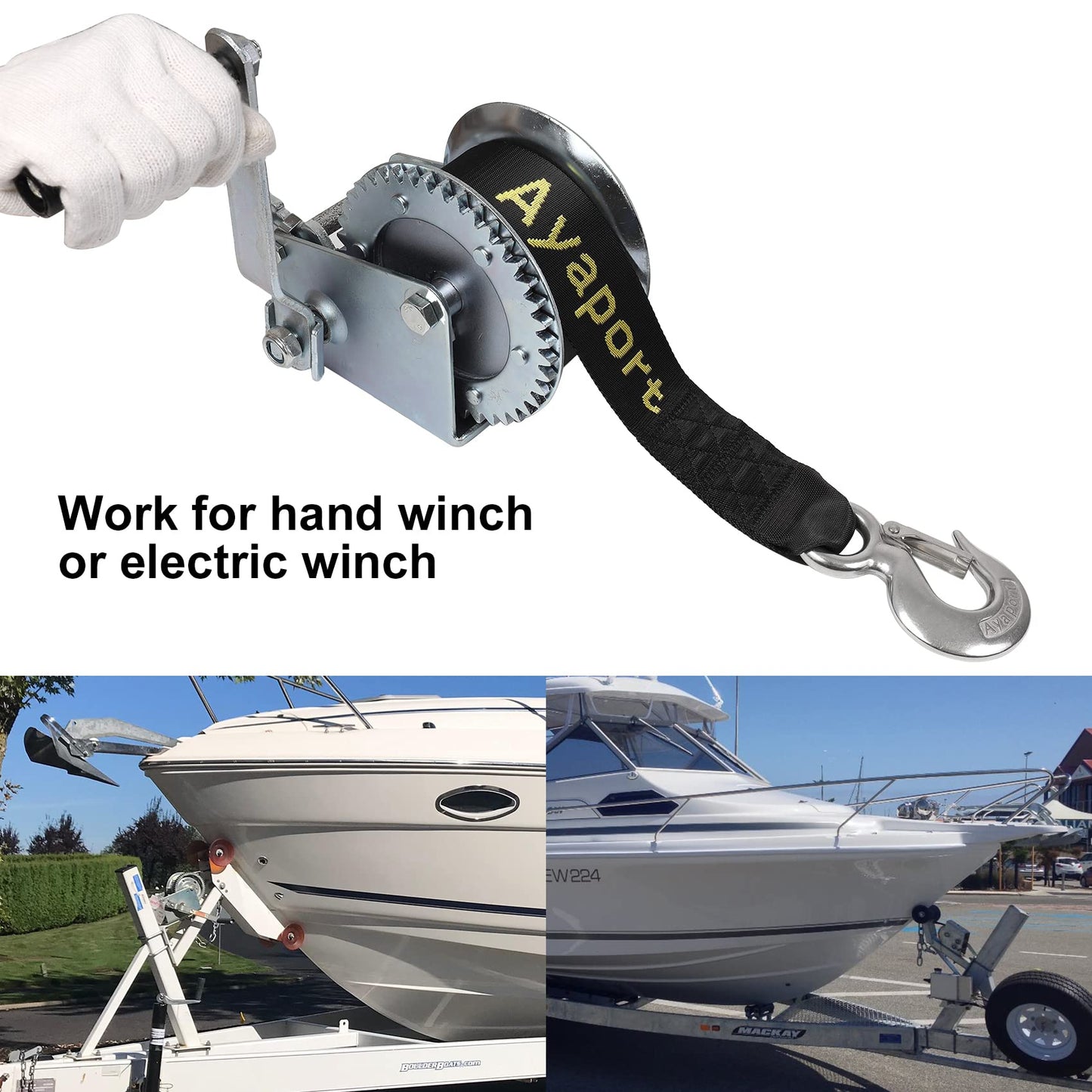 Ayaport Boat Winch Strap Towing Straps with Hook - 2" x 20' - 6600lbs Breaking Strength, Boat Trailer Winch Strap Replacement for Marine Boat ATV Fishing Boat and Jet Ski (Stainless-Steel Hook)