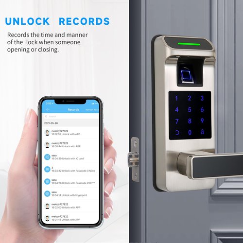 Harfo Fingerprint Door Lock, Heavy Duty Full APP Control Touchscreen Keypad Keyless Lock with Reversible Handle, Perfect for Home/Office/Bedroom Doors (Satin Nickel)