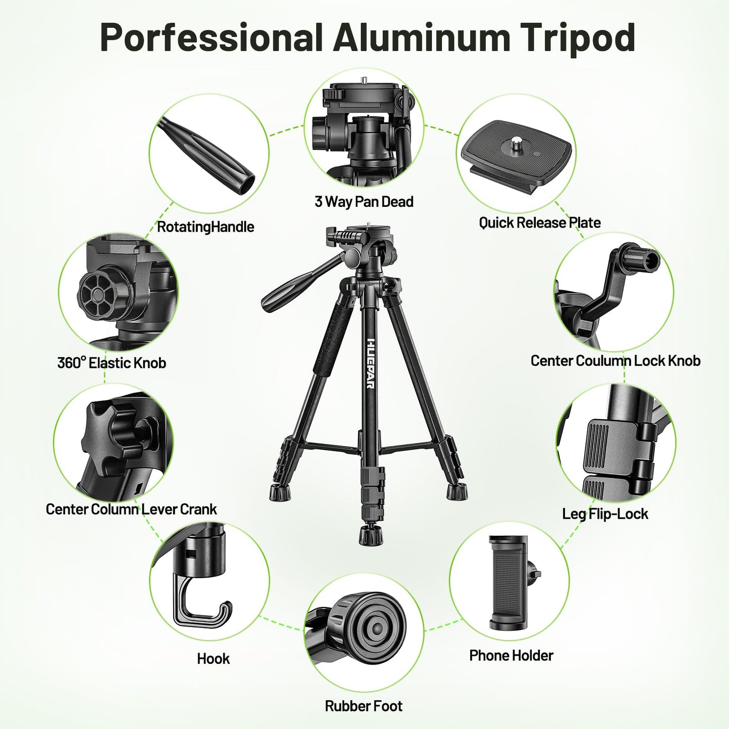 Huepar Professional Laser Level Tripod, 60 Inch Adjustable Laser Level Stand, Suit for Heavy Duty Laser Levels, Point Lasers, Laser Distance Measures; 1/4" & 5/8" Thread Mount, Non-Slip Feet, TPD14B