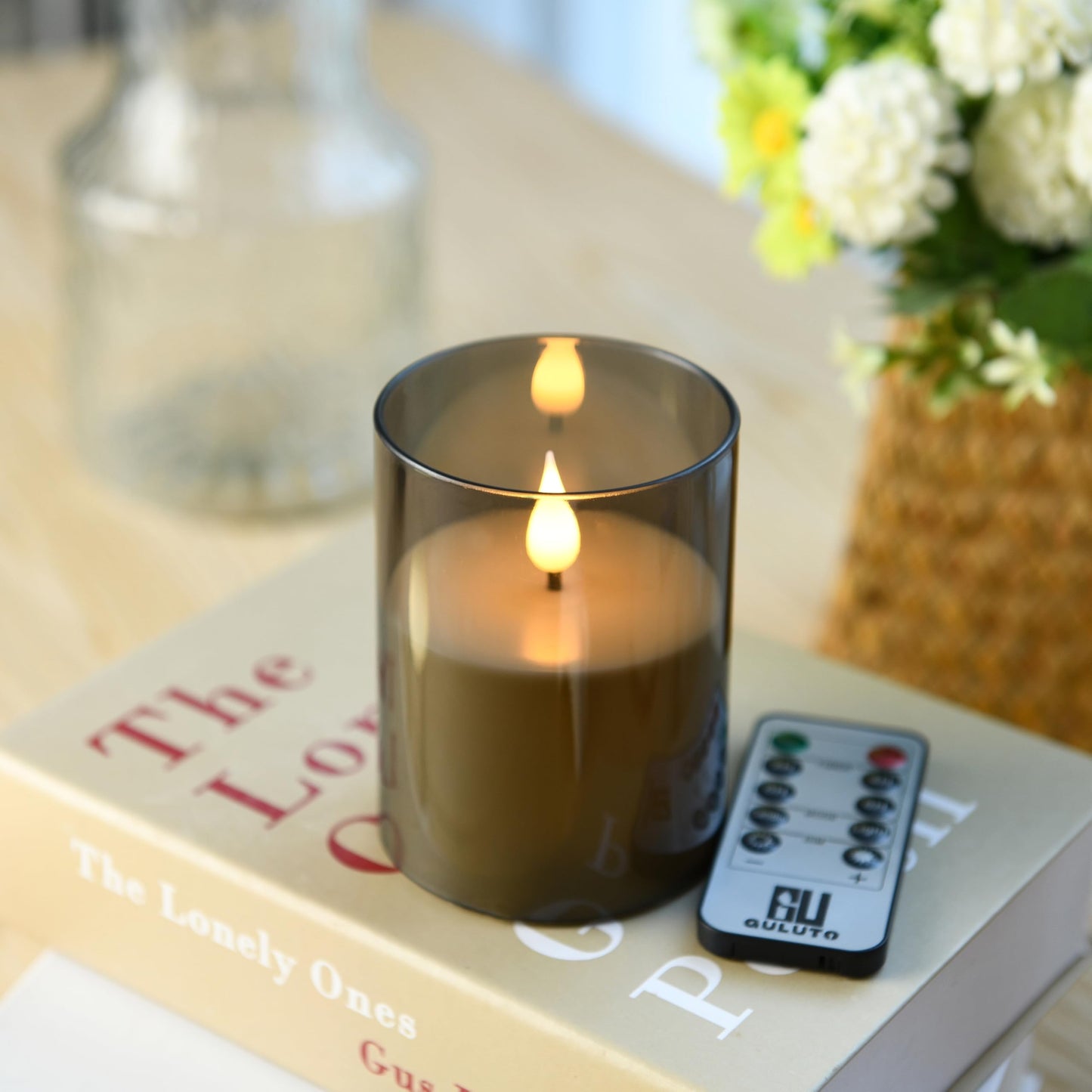 Guluto Flameless Flickering Candles, Non-breakable Battery Operated Candles, D 3" xH 4", Set of 2, Led Acrylic Grey Electric Pillars Candle with Remote and Timers for Wedding Party Romantic Decor