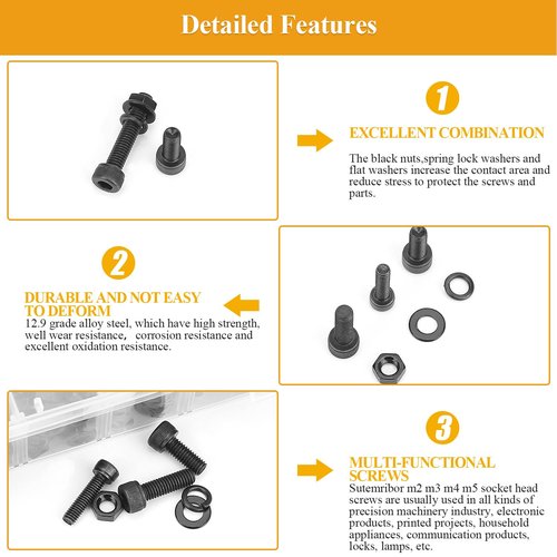 Sutemribor 2180 Pieces Black M2 M3 M4 M5 Hex Socket Head Cap Screws Nuts Washers Assortment Kit, Metric Screw Assortment with Hex Wrenches, 12.9 Grade Alloy Steel, Fully Threaded