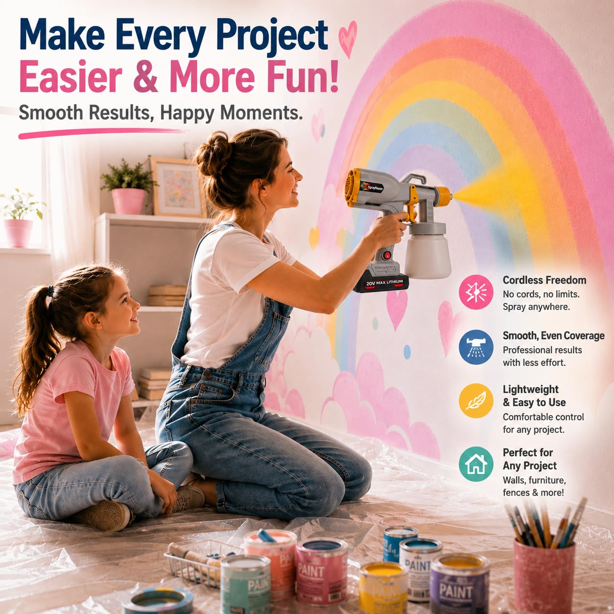 Cordless Paint Sprayer 2 Batteries 2.1 lbs Lightweight HVLP Electric Spray Paint Gun for DIY Homeowners House Painting Furniture Cabinets Walls 5 Nozzles 3 Modes Easy Cleaning