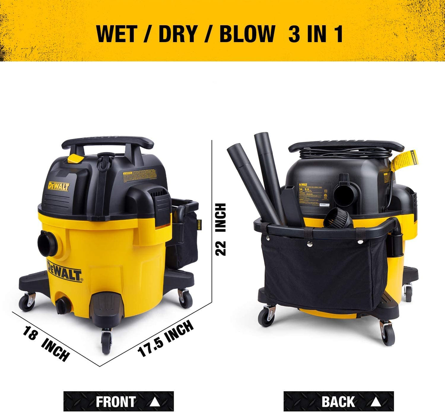 DEWALT 9 Gallon Poly Wet/Dry Vac DXV09PZ, Shop Vacuum for Workshop/Jobsite Yellow