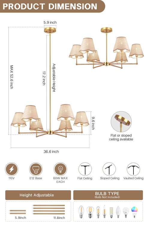 ZORYATA Boho Rattan Chandelier, 6-Light Gold Hanging Ceiling Light Fixture, Adjustable Rustic Pendant Lamp for Dining Room, Kitchen Island, Living Room, Bedroom, Sloped Ceiling Lighting