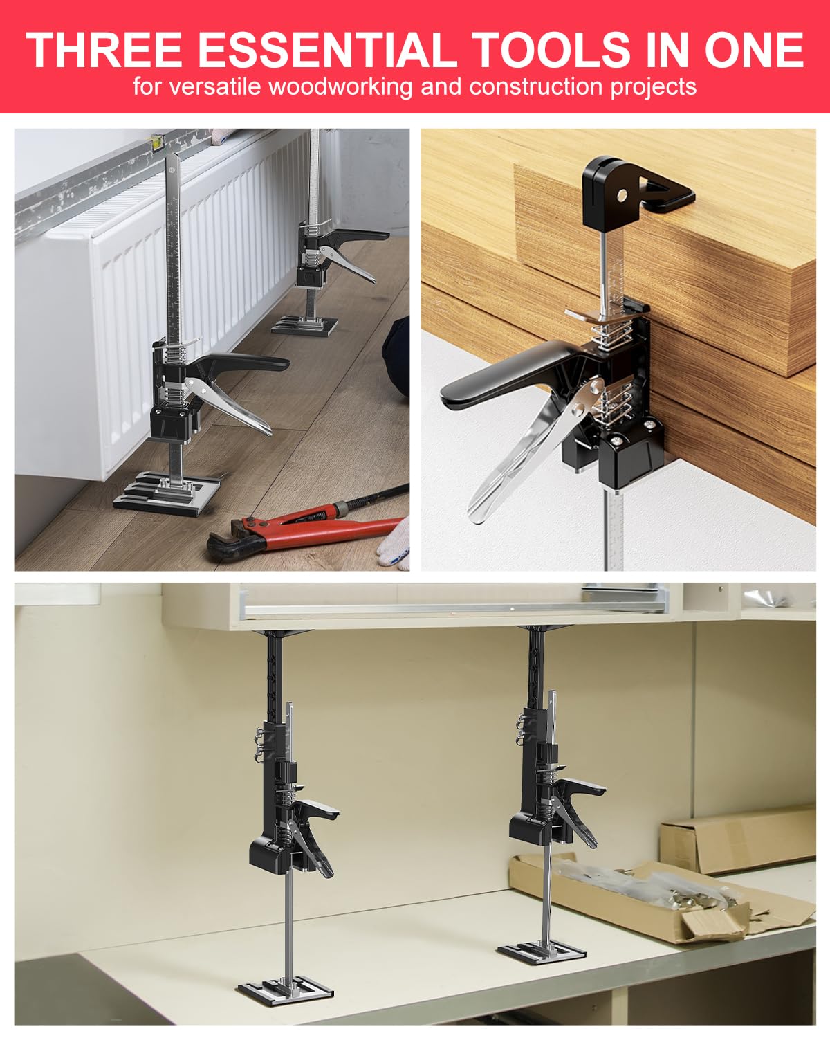 Kolvoii Cabinet Jacks for Installing Cabinets 2 Pack, Hand Lifting Jack Tool Multi-Function 0 to 23.4 Inches Drywall Lift Height Adjustment Third Hand Support System