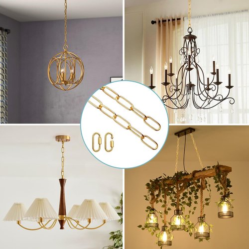 Helunsi Lighting Chain, 6 Feet Bright Gold Light Fixture Chain, Metal Chandelier Chain Extension with Connection Link Lock, Heavy Duty Hanging Lamp Fixture Pendant Ceiling Decorative Lights Kit - 6'