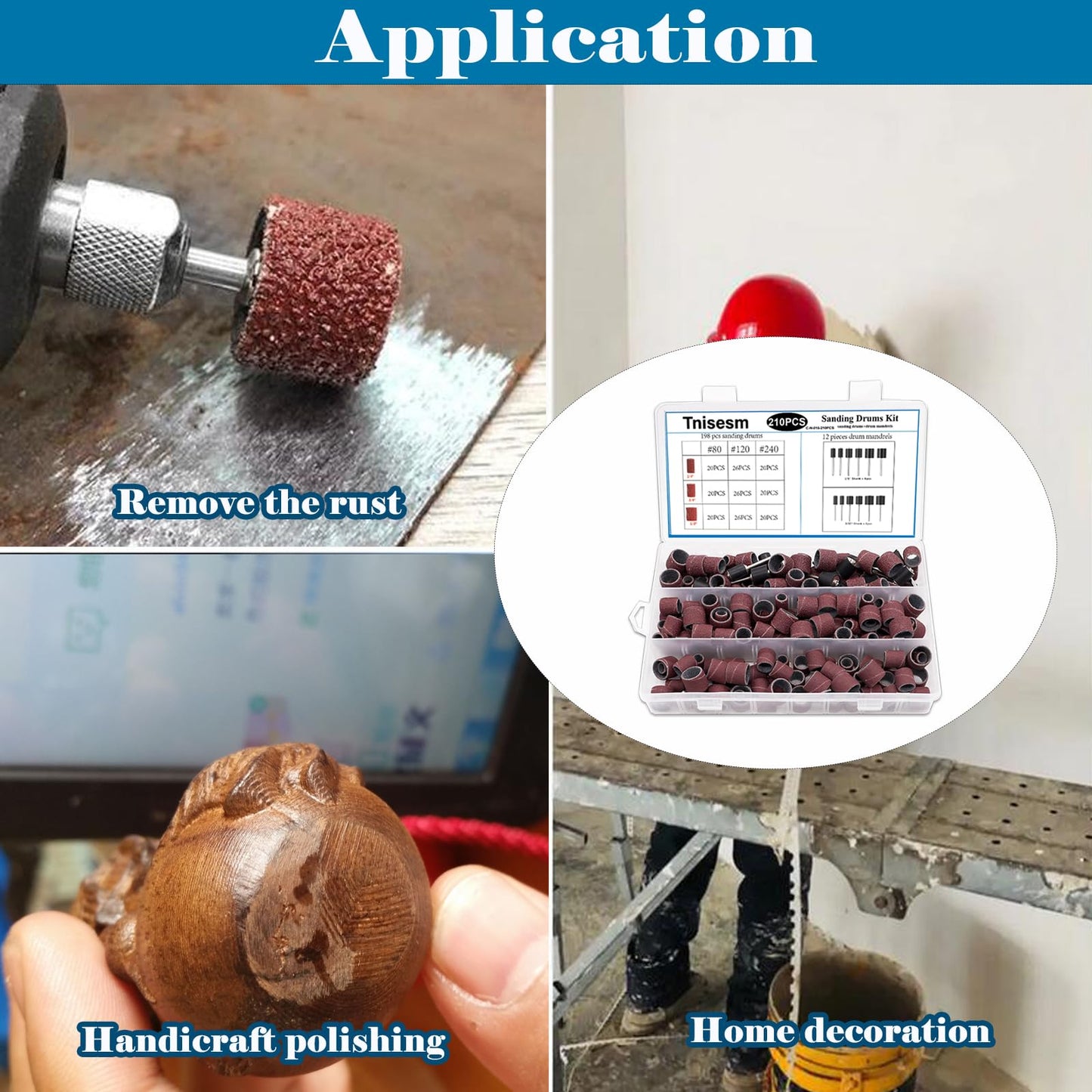 Tnisesm 210Pcs Aluminum Oxide Sanding Drum Set,Including 198 Pieces 80 120 240Grit Drum Sander Sanding Sleeves and 12 Pieces Drum Mandrels for Dremel Rotary Tool,Sanding Drums with Box