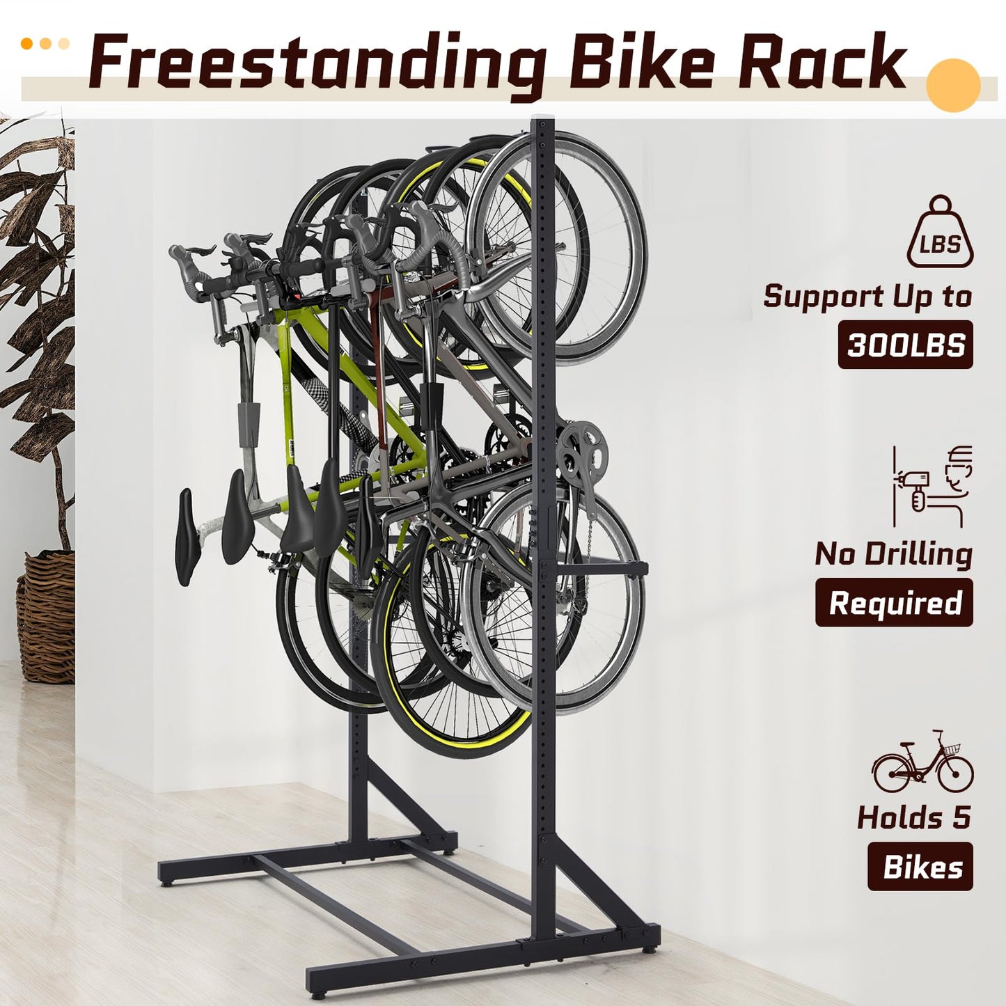 Danrelax Freestanding Bike Storage Rack, 5 Bikes Capacity 300 lbs, Vertical Bike Rack for Garage, Adjustable Hooks, Indoor Bicycle Storage Stand for Home, Black