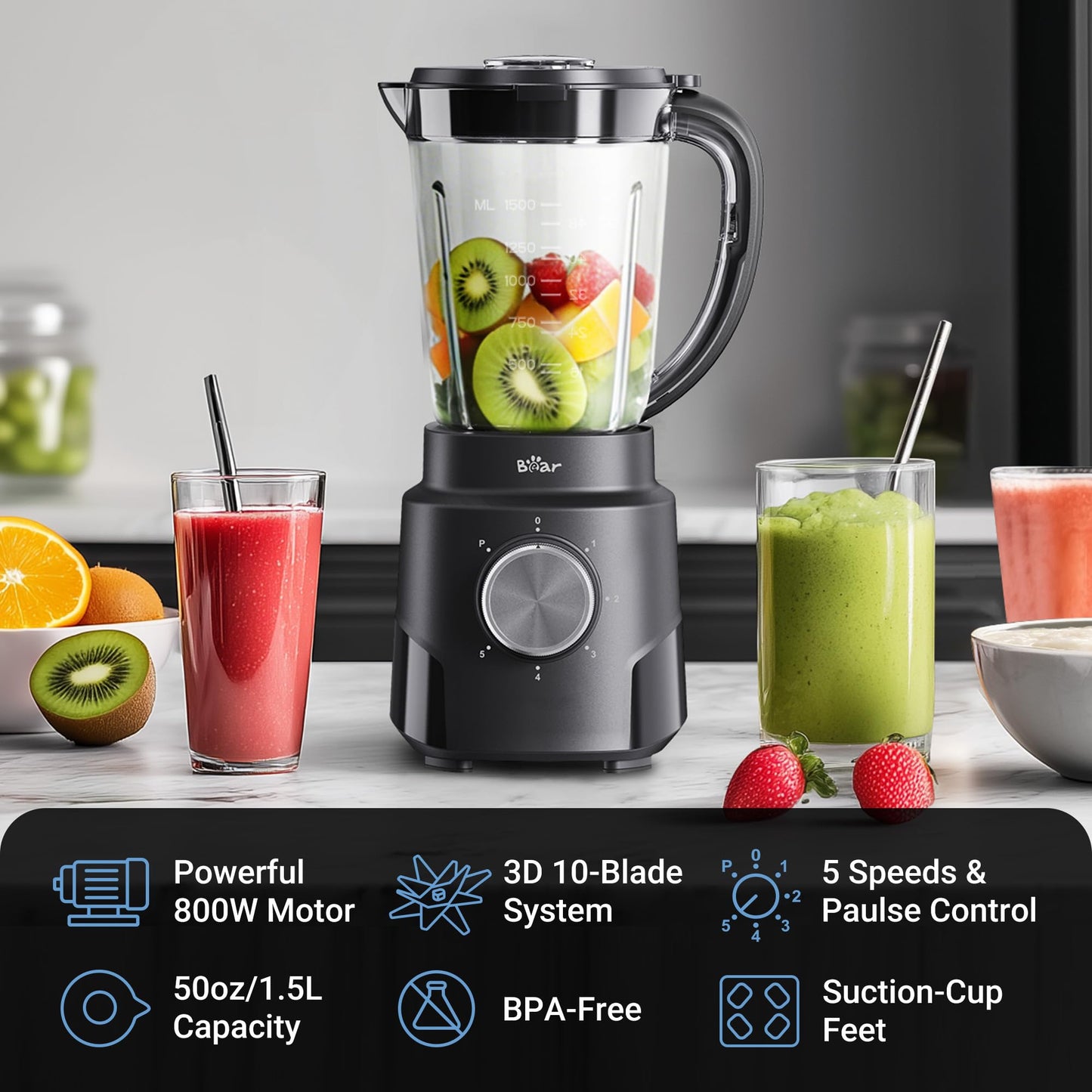 Bear 800W 6-Speed Blender, Smoothie Blender for Kitchen with 50oz(1.5L) BPA-Free Cup/Suction Feet/Feeding Hole/10 blades, Countertop Blender for Smoothies, Crush Ice, Frozen Fruit, Juice and Puree