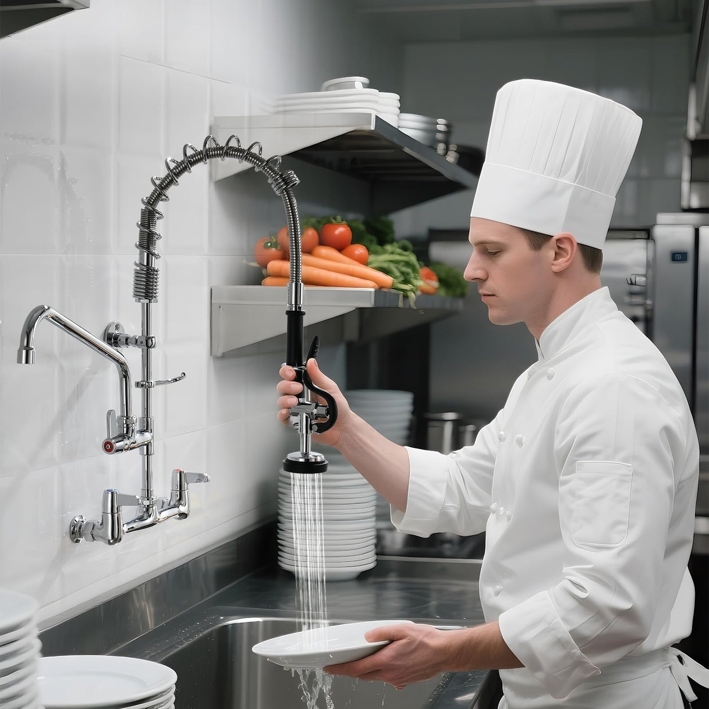 CENOSA Commercial Sink Faucet Wall Mount with Pre-Rinse Sprayer – 8 Inch Center Wall Mount Sink Faucet, 25" Height, 12" Swing Spout, Pull Down Sprayer for Industrial & Restaurant Sinks