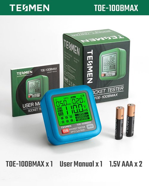 TESMEN TOE-100BMAX GFCI Outlet Tester with GFCI Trip Time Test, Backlit LCD, Data Hold, Voltage Tester, Receptacle Tester for Home & Daily Safety Checks - Blue