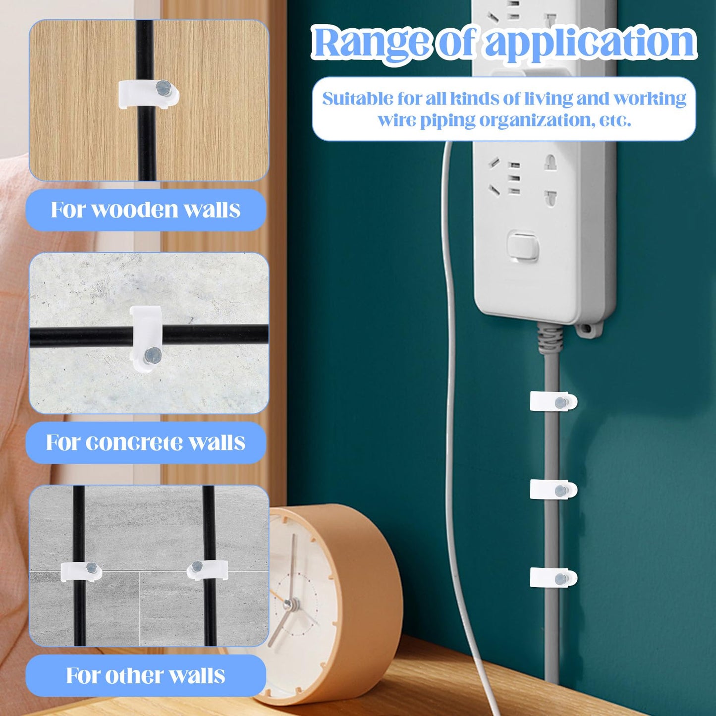 Bewudy 300Pcs Nail Cable Clips, Cable Wire Clips 4mm 6mm 8 mm White Wire Wall Clip with Steel Nails Cables Management Organizer Clip Cables Holder