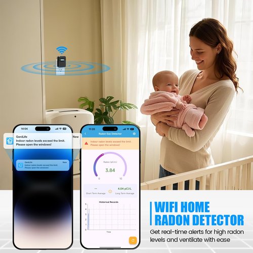 WiFi Home Radon Detector, Portable Radon Meter with Real-Time Short & Long-Term Monitoring, Plug-in Design, Instant Alerts & App Control