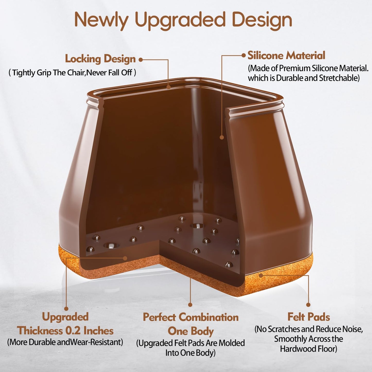 28Pcs Square Chair Leg Floor Protectors with Wrapped Felt Bottom, Silicone Chair Leg Protectors for Hardwood Floors, Chair Legs Cover Prevents Scratches & Reduce Noise (Brown L Fit 1.14"-1.42")