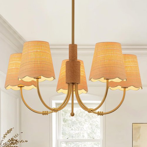 SUETONG Boho Rattan Chandelier, Antique Brass Farmhouse Chandeliers, 5-Lights Coastal Pendant Light Fixtures for Dining Room Kitchen Island Living Room