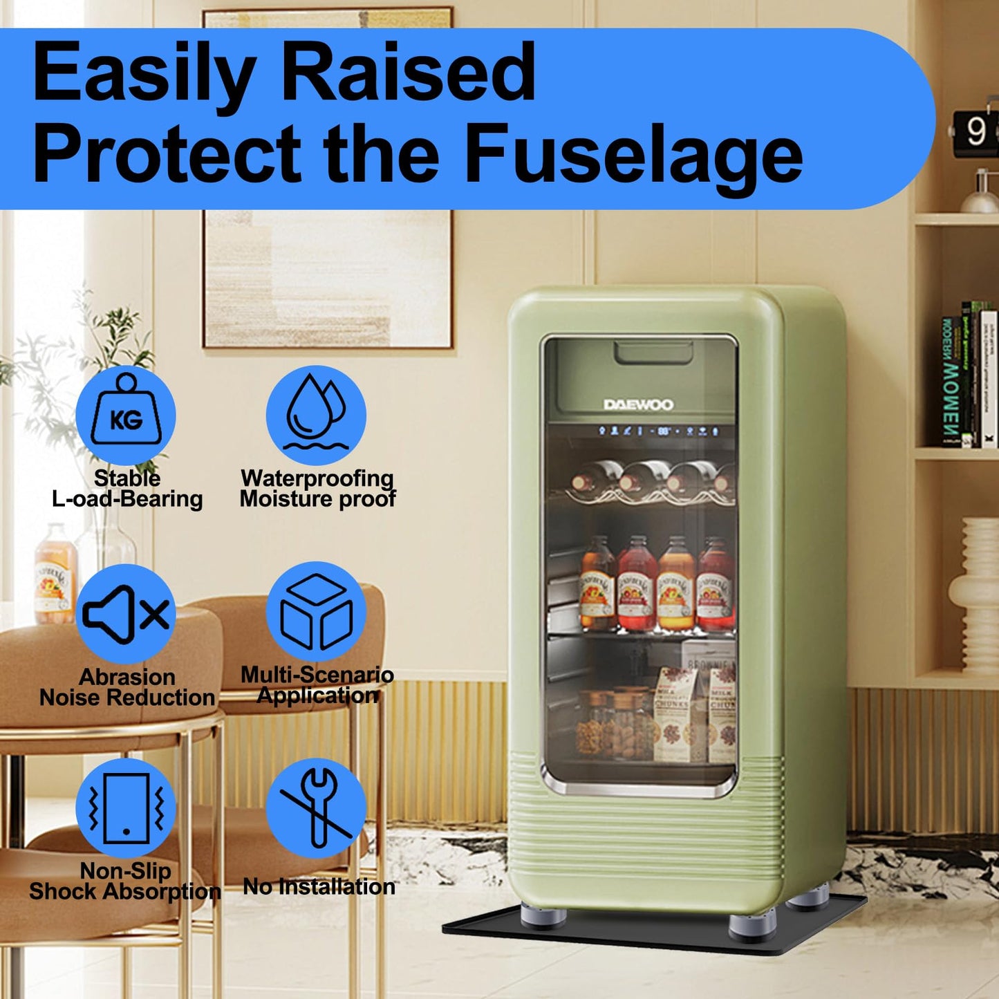 Mini Fridge Silicone Mat with 4 Base Raisers, 20" x 20" x 0.7" Under Refrigerator Mat, Mini Fridge Drip Pan Prevents Appliance Leakage Water Spills, for Washing Machines, Dishwashers, Air Conditioner
