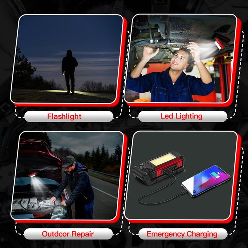Rechargeable LED Magnetic Work Light 2 Pack, Portable Tool Gifts for Men, 7 Flashlight Modes with Kickstand and Carabiner, 360° Rotating Head and USB Charging for Camping, Hunting, and Car Repairs