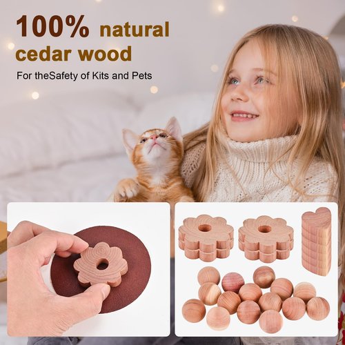 Tigvio 48-Pc Cedar Blocks for Clothes Storage: Blocks, Planks, Hooks, Rings, Balls, & Sachets for Closet, Drawer, Bookshelf & Shoe Protection - Natural Cedar Scent