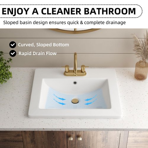 21"W x 18"D Drop In Bathroom Sink with 4-in Centerset 3 Faucet Holes, Los Flexi 21 Inch White Rectangular Vanity Top Sink with Overflow, Ceramic Vessel Sink for Bathroom