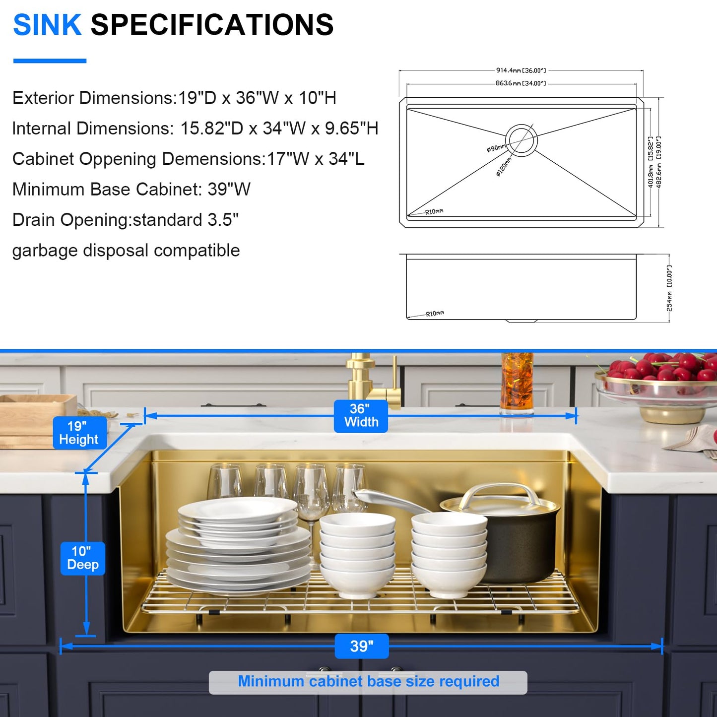 Donsdey 36 Inch Brushed Gold Undermount Workstation Kitchen Sink 36''x19'' Stainless Steel Single Bowl Undermount Large Capacity Sink with Luxury Accessories Handmade Deep Bowl Sinks