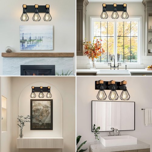 IZORRO Farmhouse Bathroom Vanity Light Fixtures, 3-Light Wood Bathroom Lighting Fixtures Over Mirror, Black Rustic Industrial Sconces Wall Lights with Metal Lampshade for Living Room, Bedroom