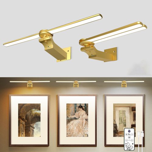 doublacy 2 Pack Picture Light for Wall, 18in Rechargeable Wall Art Light with Timer and Dimmable, Painting Frame Light with Remote Control Display for Painting, Frame, Portrait, Dartboard (Gold)