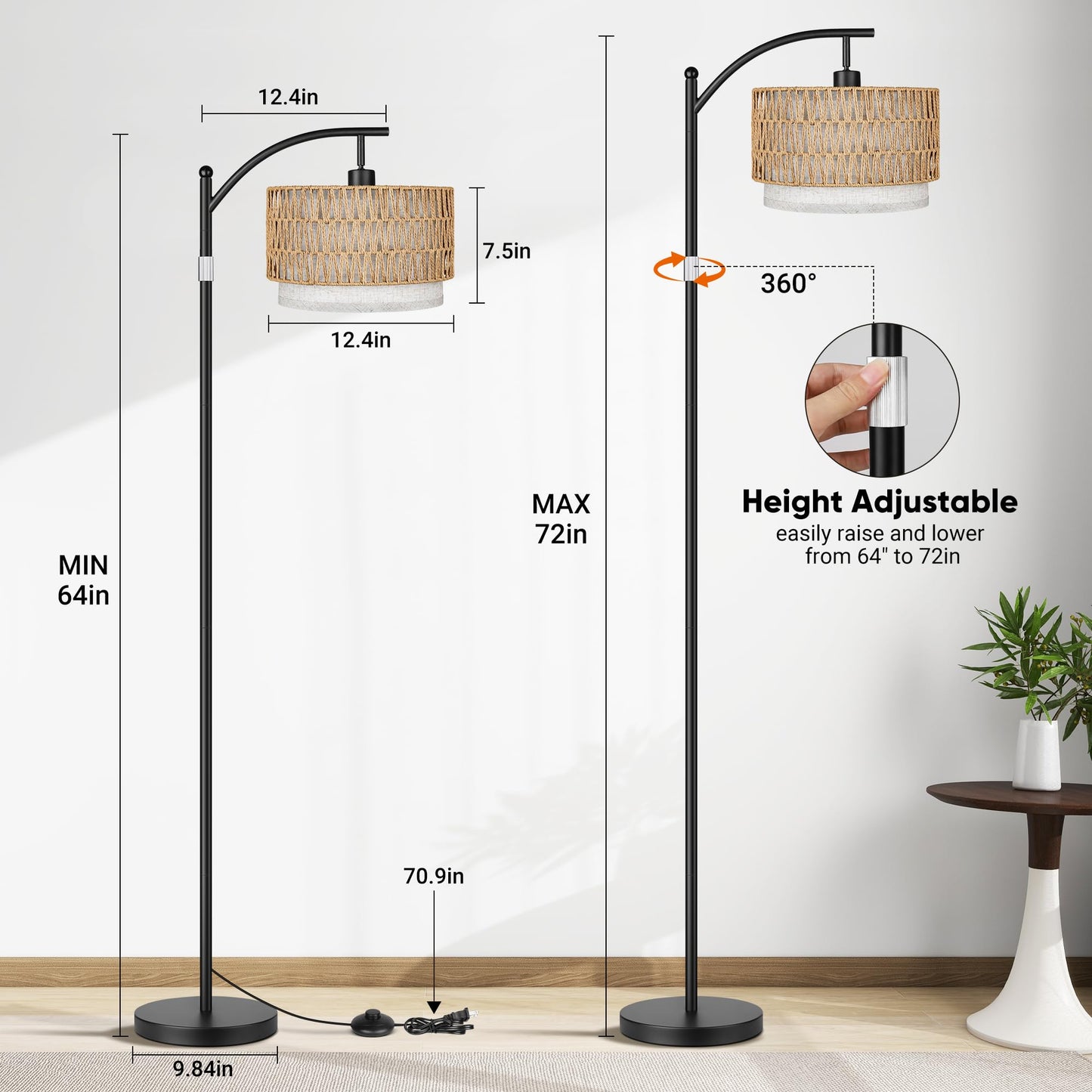 ROTTOGOON Rattan Floor Lamps for Living Room, Boho Standing Lamps with Rattan& Linen Double Shades, Arc Lamps Floor Standing with 9W Bulb, Foot Switch, Bohemian Floor Lamps for Bedroom, Office-Drum