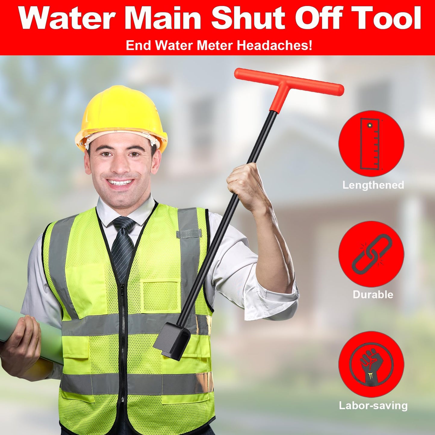 Manalete 17 Inch Water Meter Key with 4-Way Utility Key - Heavy-Duty Water Shut Off Tool for Curb Main, Underground Stop/Waste, Enforced Rebar Steel, T-Handle & U-Head