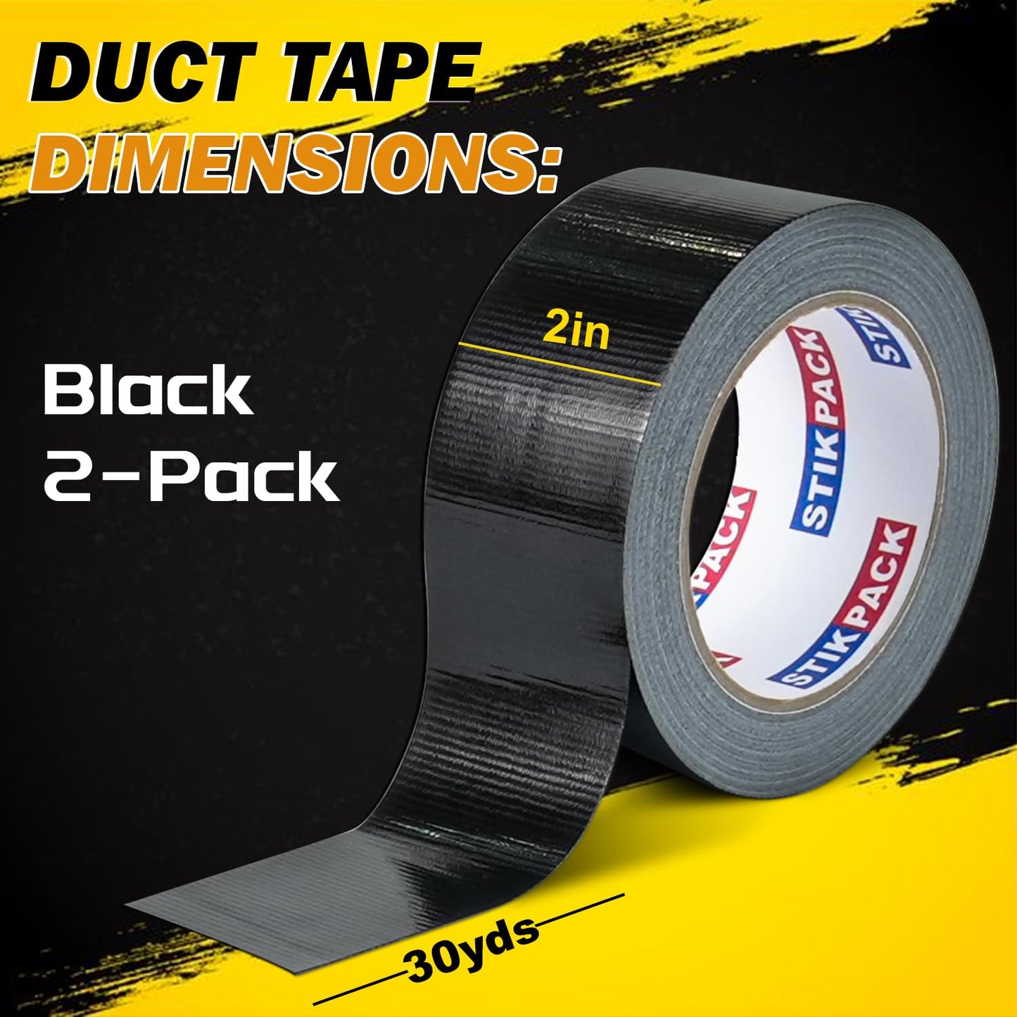 STIKPACK 2 Pack Black Duct Tape Heavy Duty, 2 Inches x 30 Yards, 8.27 mil, Strong Industrial Strength, Flexible, No Residue, Waterproof and Tear by Hand, Multi-Use for Indoor & Outdoor Repairs