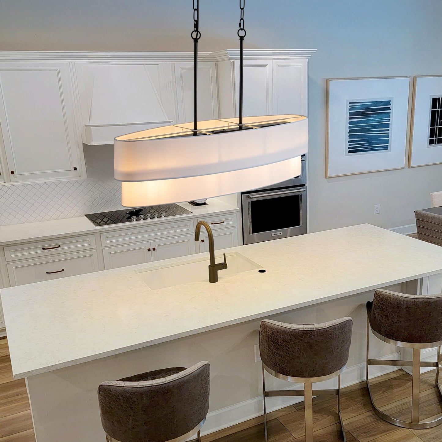 DWLGIGH 33.4" Modern Dining Room Chandelier, 4-Light Linear Chandelier with White Double Oval Linen Shade Large Hanging Pendant Light for Over Table Entryway Foyer Kitchen Island Light Fixture, E26