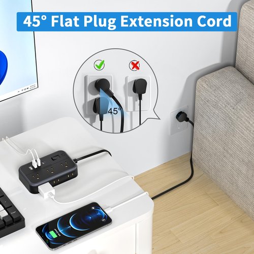 NTONPOWER Surge Protector Power Strip with 6 Outlets 4 USB Charging Station(2 USB C Port), 5 Ft Flat Extension Cord, Outlet Extender for Indoor, Home, Office Supplies, Dorm Room Essentials, Black