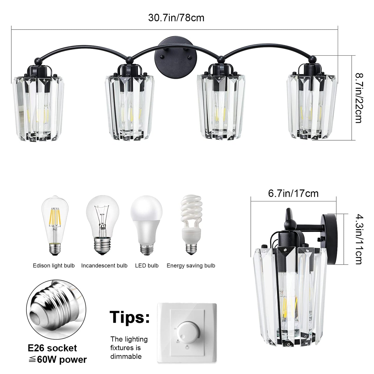 Aipsun Crystal Vanity Light Fixtures Black Bathroom Light Fixtures Crystal Wall Lights for Bathroom E26 Base (Exclude Bulb)