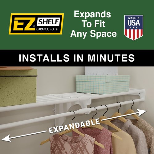 EZ SHELF- Closet Shelf with Hanging Rod, Expands 40.5-73", White, Closet Shelves Hold 200 lbs, Easy Install Closet Organizer to 2 Side Walls, Alternate for Closet Wire Shelving & Laundry Room Shelves