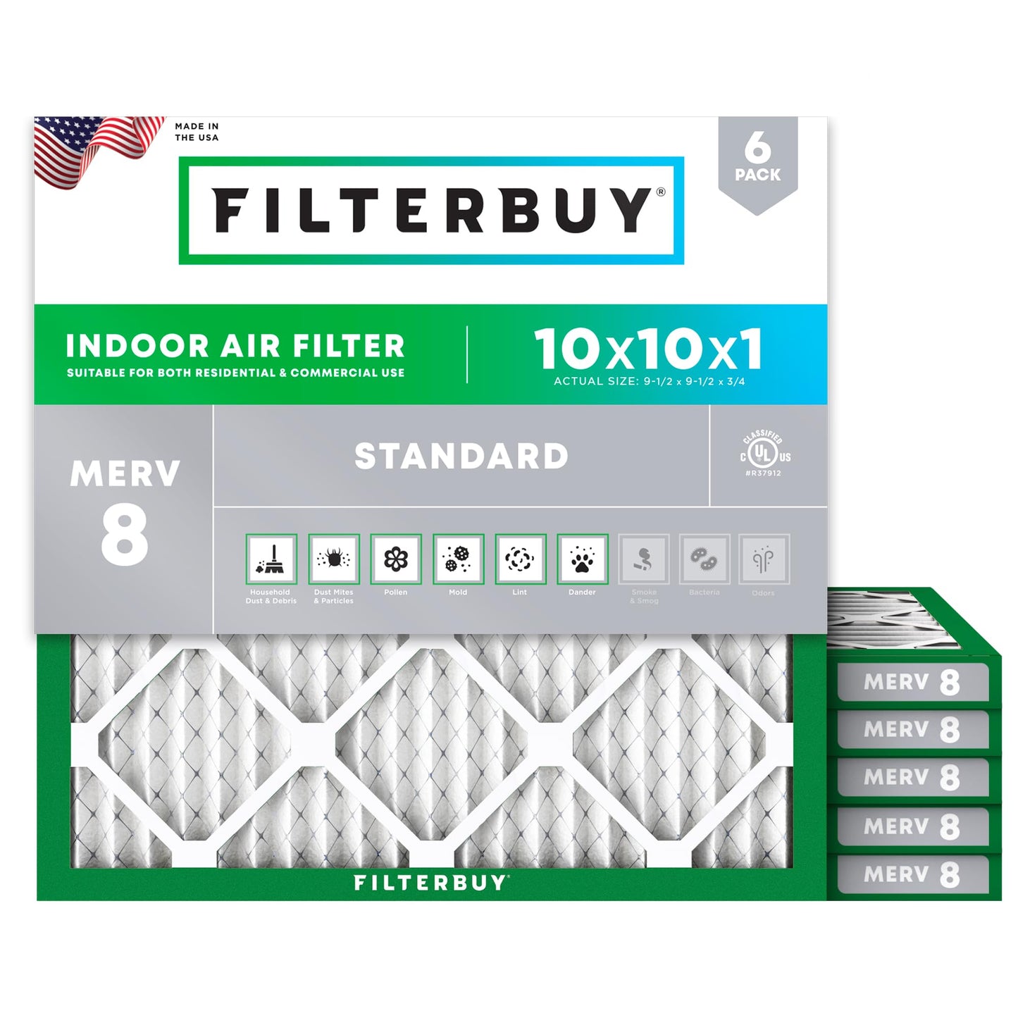 Filterbuy 10x10x1 Air Filter MERV 8 Essential Dust & Allergy Defense (6-Pack), Electrostatic Pleated HVAC AC Furnace Filters Replacement, Made in USA (Actual Size: 9.50 x 9.50 x 0.75)