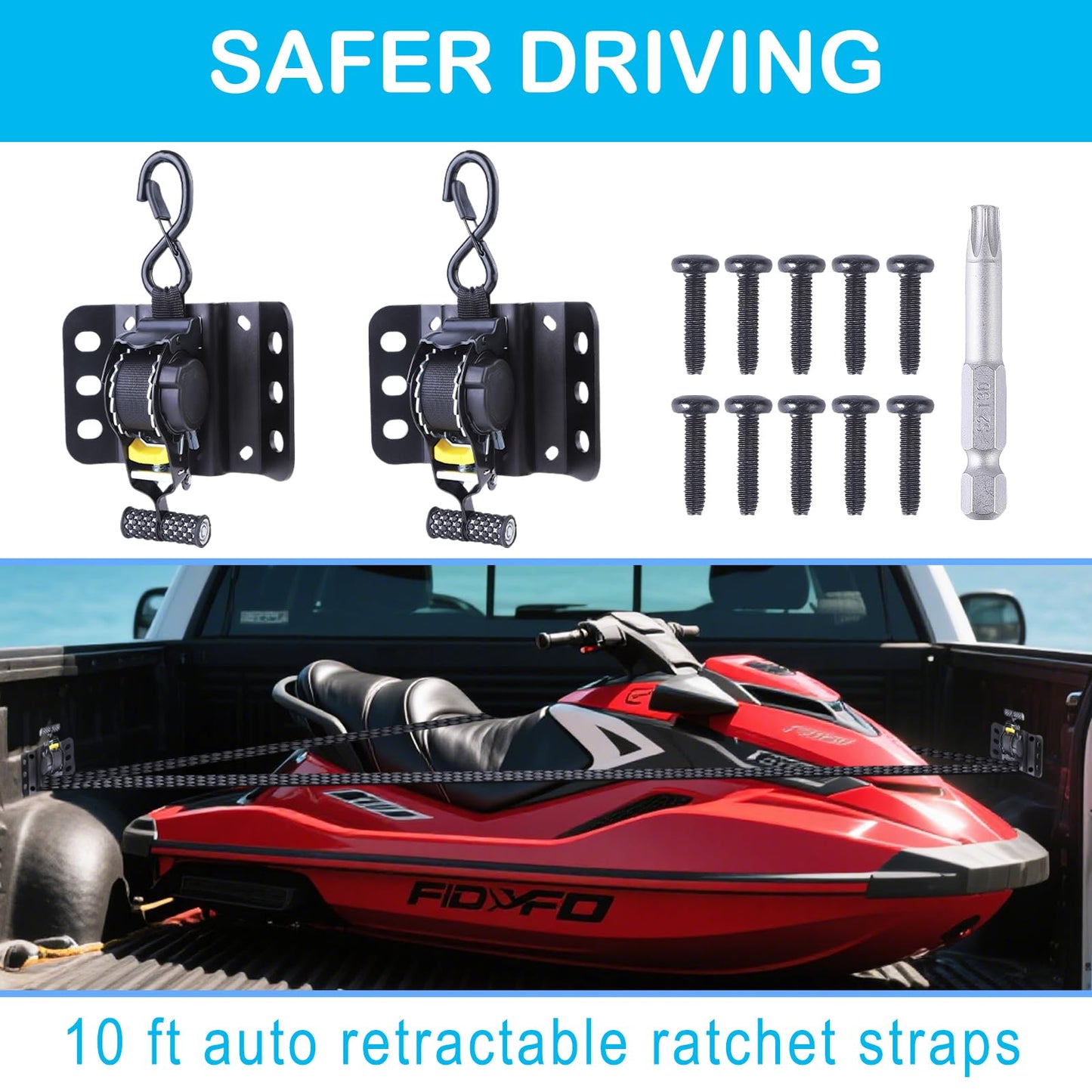 Upgraded Ultimate Retractable Ratchet Straps for Ford F150, 2PCS Truck Bed Ratchet Straps for F150, 10 ft Retract Bed Mounted Tie Down Strap for F-150 F250 F350 2015-2025 (Black)