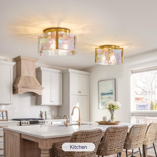 Gold Flush Mount Ceiling Light Fixture: 14.1'' Glass Semi Ceiling Light Fixtures - Mid Century Drum Kitchen Entryway Foyer Lighting - Modern Lights for Living,Dining Room Hallway Bathroom Bedroom