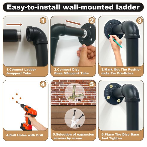 8-Rung Wall Mounted Ladder, Heavy-Duty Metal 8FT Egress Window & Loft Ladder for Basement, Attic Bunk Bed, Fire Escape - 355LBS Load, Matte Black