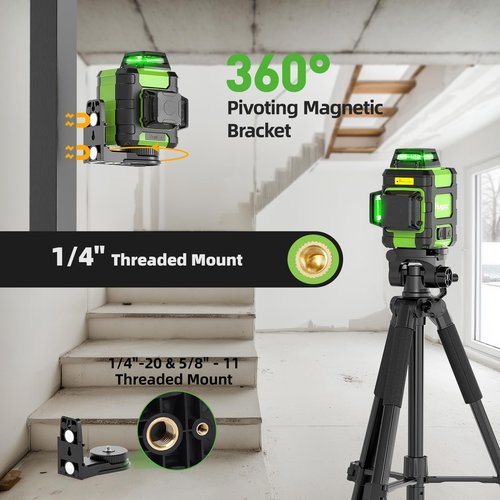 Huepar Laser Level 360 Self Leveling, Rechargeable Green Laser 3x360° Cross Line Lazer Leveler 3D Level Laser Tool for Construction and Picture Hanging, Strong Magnetic Bracket&Hard Carry Case -HM03CG