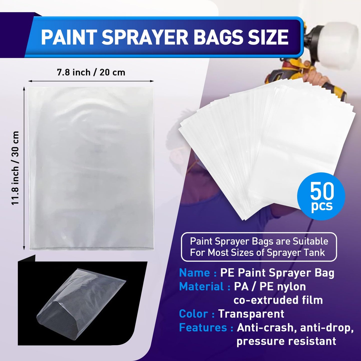 Paint Sprayer Parts, 50 Pcs Paint Sprayer Bags, 7.8'' X 11.8'' Sprayer Cup Liners, Transparent Spray Gun Cup Canister Liners for Wagner Paint Sprayer