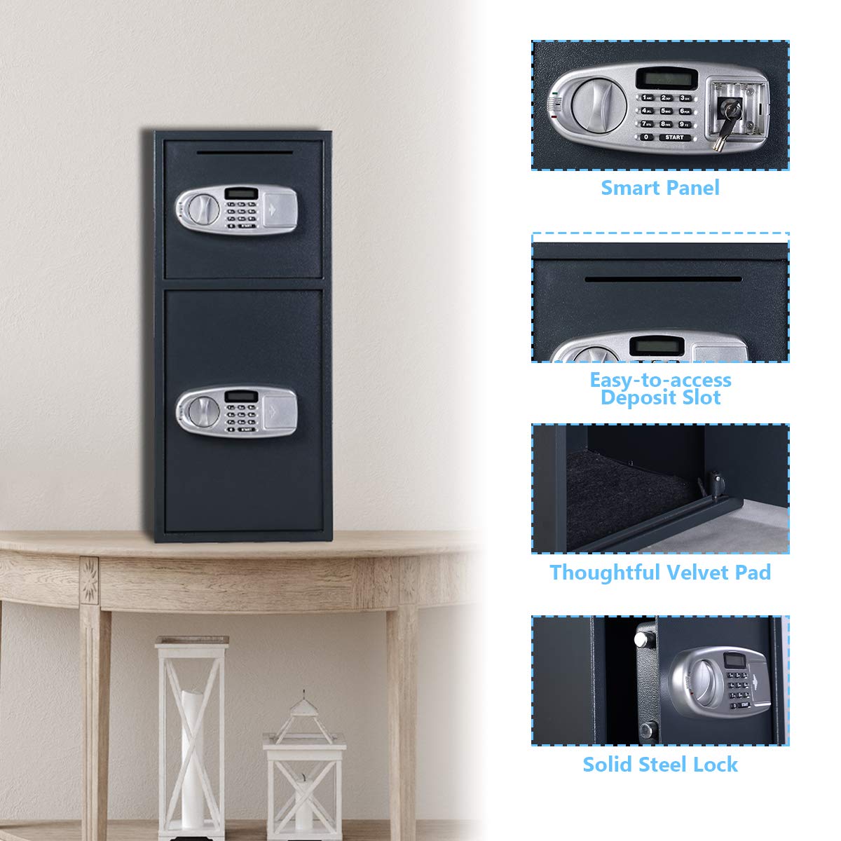 Casart Double Door Safe Box, Digital Safe Depository Drop Box with Keys for Home and Office, Security Lock Box for Gun, Cash and More