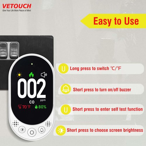 VETOUCH Carbon Monoxide Detector Plug in, Carbon Monoxide Detector Plug in Wall with Temp Humidity, Alarm Function with Clear LCD Display CO Detector for Home Kitchen RV Travel, 1 Pack