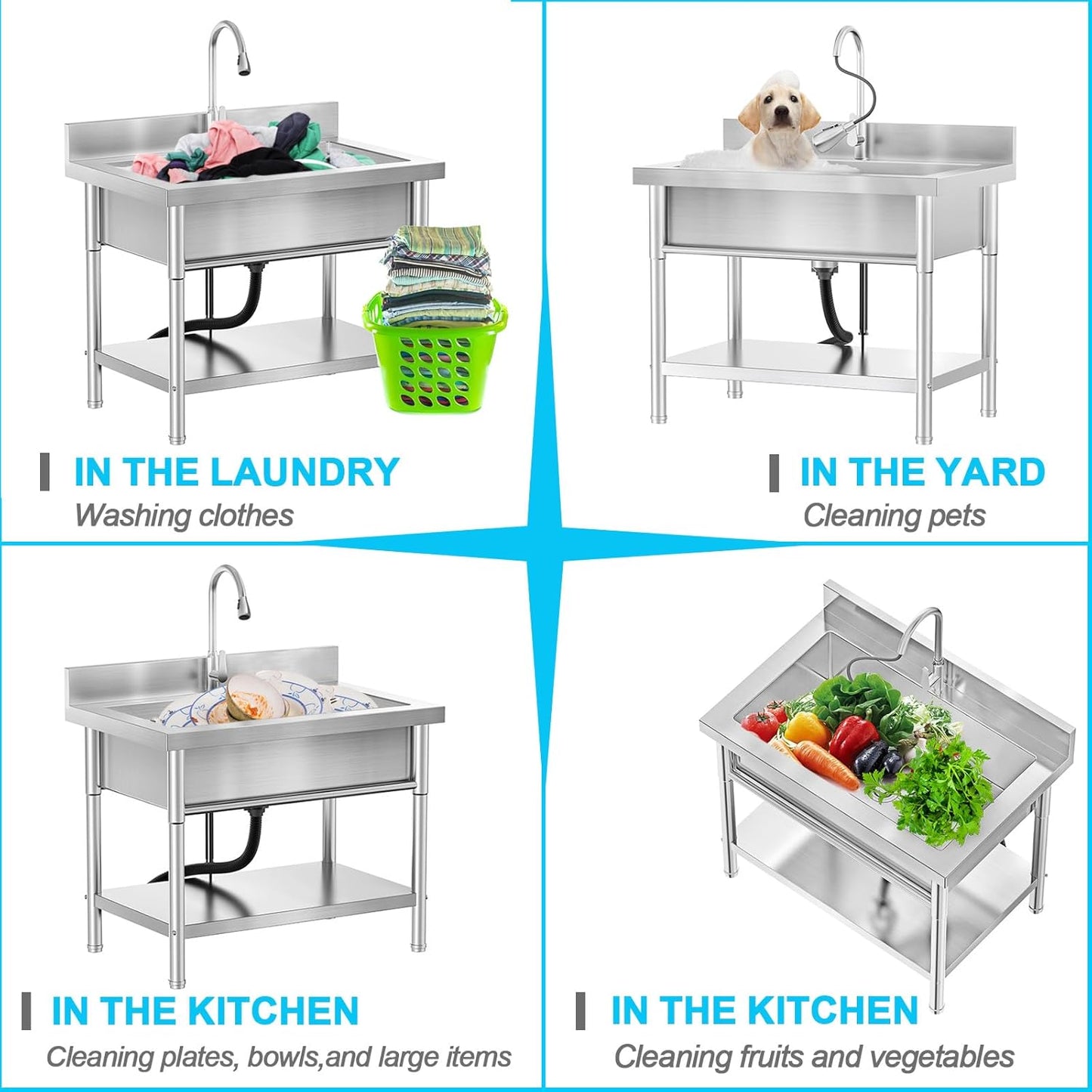 Stainless Steel Utility Sink Single Bowl Freestanding Laundry Sink with Pull-Out Faucet,for Laundry Room Farmhouse Indoor and Outdoor Sink Pet Cleaning