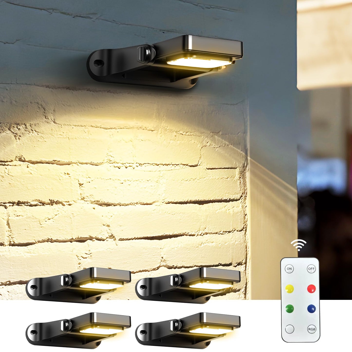 COXSENI 4 Pack Solar Wall Lights Outdoor with Remote Control, 200LM & Long Lasting Battery, 6 Color Modes, Warm/Cool White, RGB, IP65 Waterproof 360° Adjustable Angle for Fence Porch Step