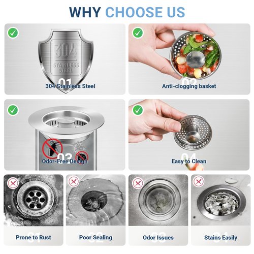 Upgraded 3 in 1 Kitchen Sink Drain Strainer & Stopper 304 Stainless Steel Pop Up, Anti Clogging Basket, Fits US Standard 3-1/2'' Drain Hole (SUS304 Brushed, Silver)